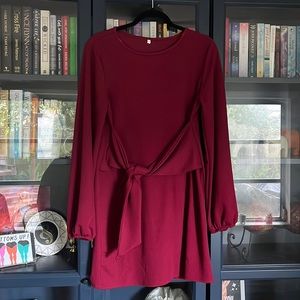 Maroon Balloon Sleeve Tie Front Dress